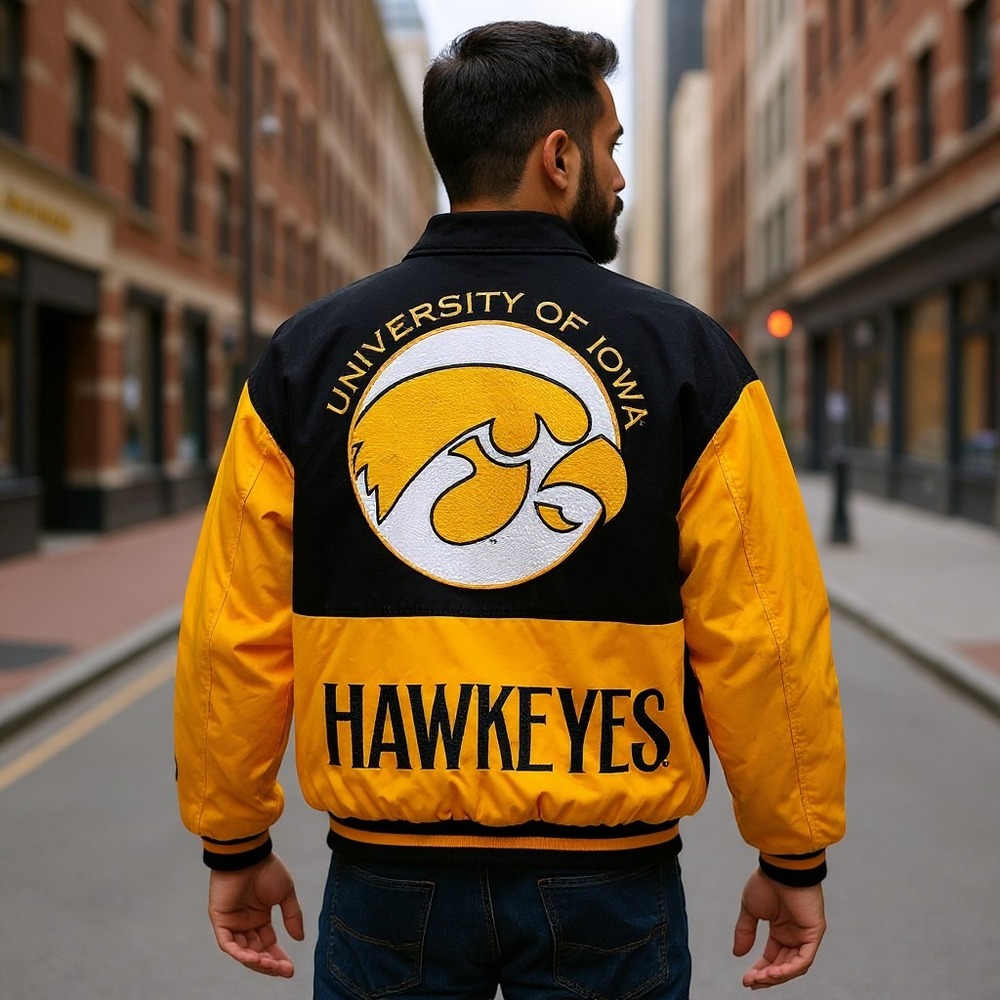 University Iowa Hawkeyes #1 Apparel Snap Jacket Large Black Gold NCAA Vintage